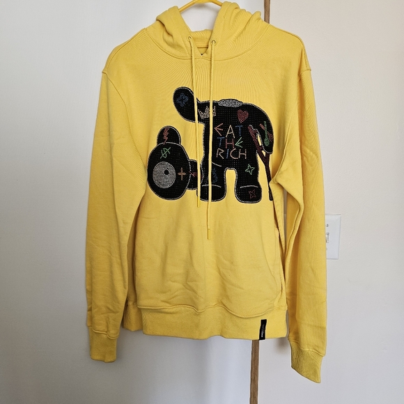 Roku Studio Mens Yellow Rhinestone Eat The Rich 2-piece Hoodie Joggers Set M